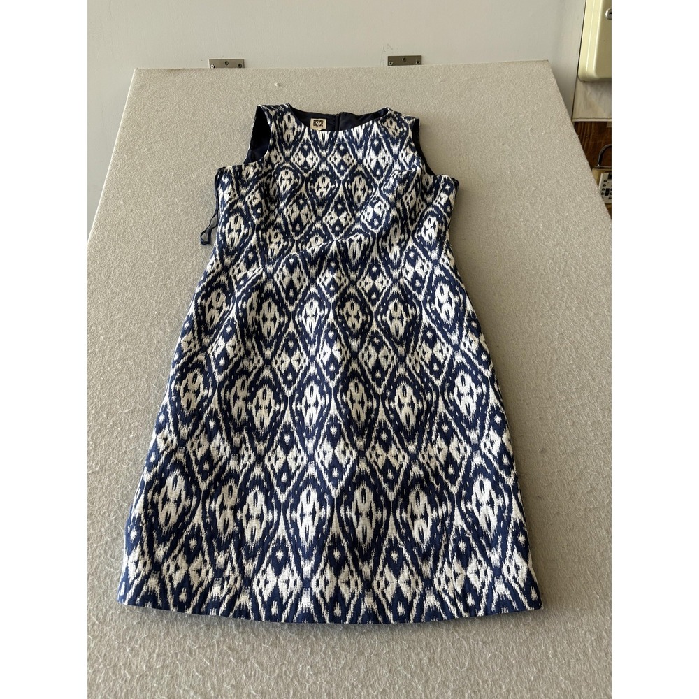 Anne Klein Dress Womens 8 Blue White Geometric Jacquard Sleeveless Shift Mini